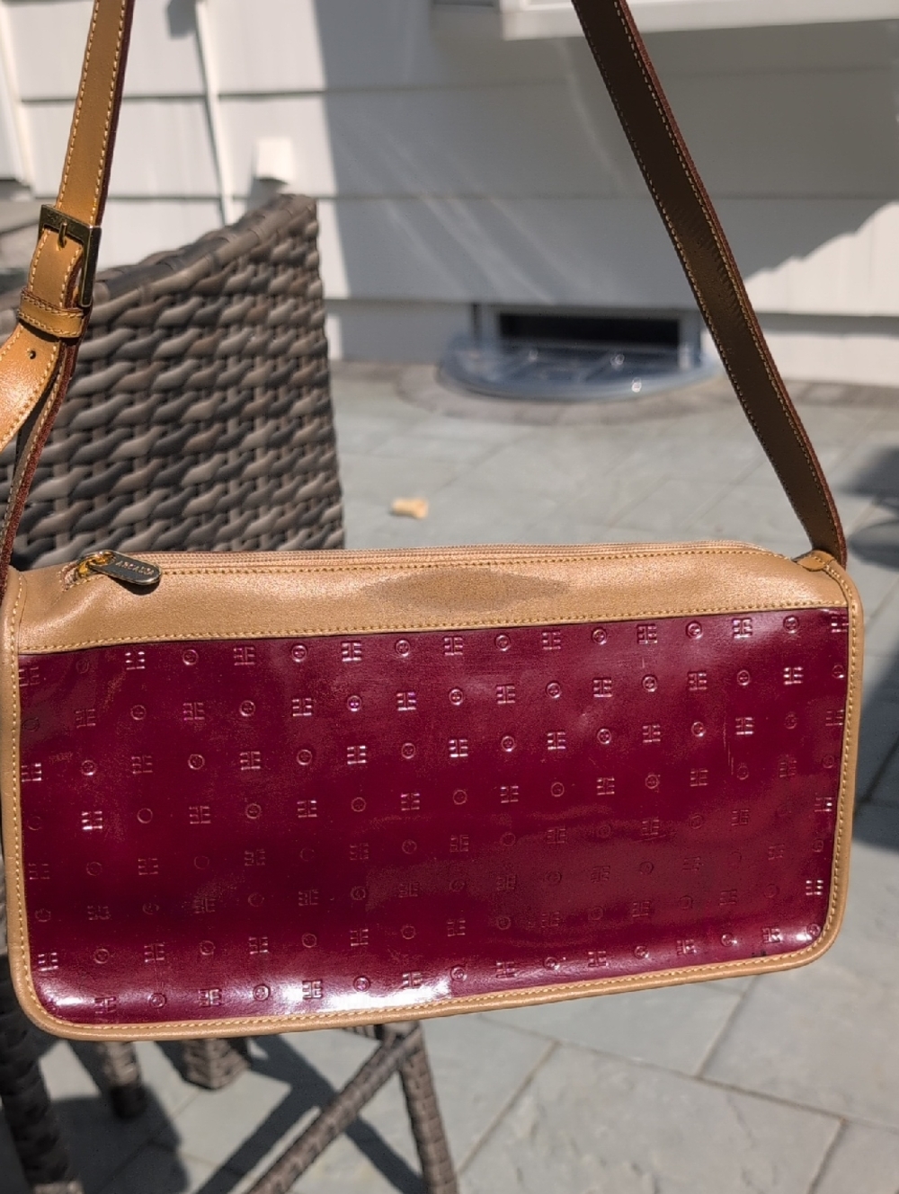 Arcadia Shoulder Bag In Dark Red Patent Leather With Tan Strap